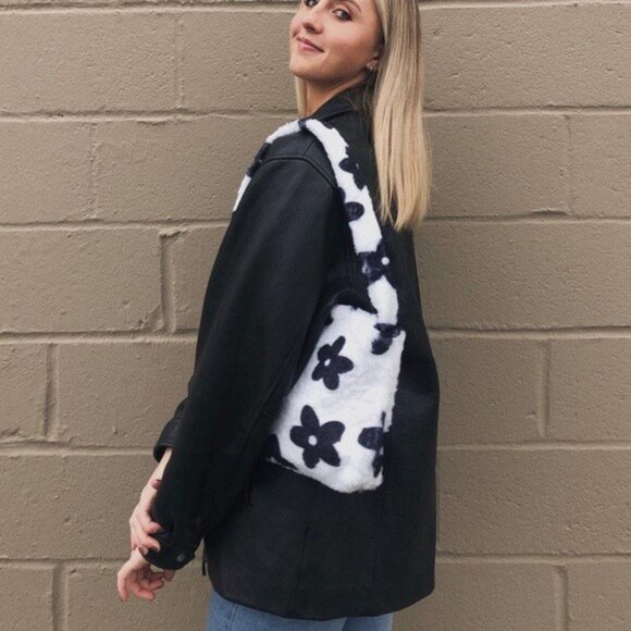 Black and White Floral Fuzzy Shoulder Bag Y2K Purse - Picture 1 of 5